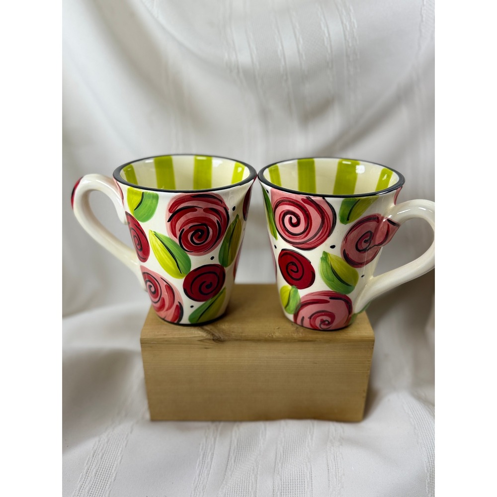 Mary Rose Young Hauseenware Set of 2 Rose Floral Mugs Green Striped Interior